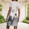 Women Plus Size Round Neck Short Sleeve Black Grey Abstract Printed Fitted Mini Dress