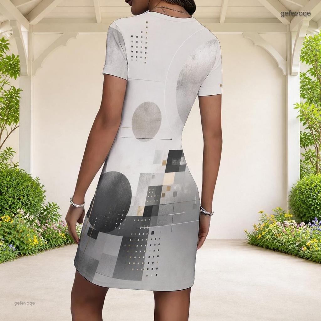 Women Plus Size Round Neck Short Sleeve Black Grey Abstract Printed Fitted Mini Dress