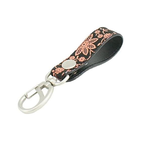 Inden-ya Deer Leather Belt Strap Keychain B, Black x Pink Clematis Pattern, 4701-51-169