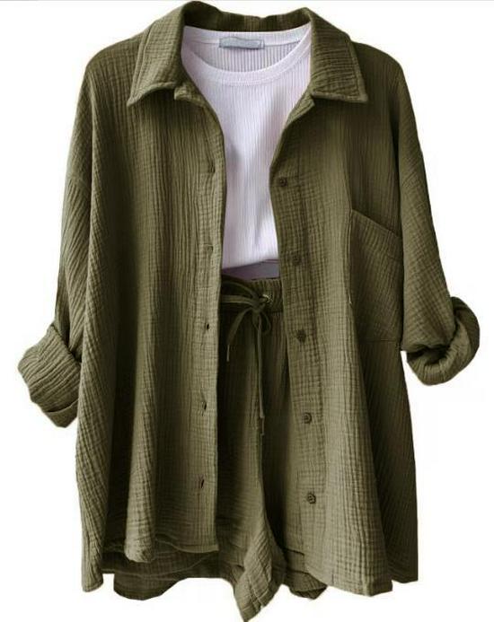 2024 Autumn Women's Two-Piece Set: Wrinkled Long Sleeve Shirt & High Waist Drawstring Shorts