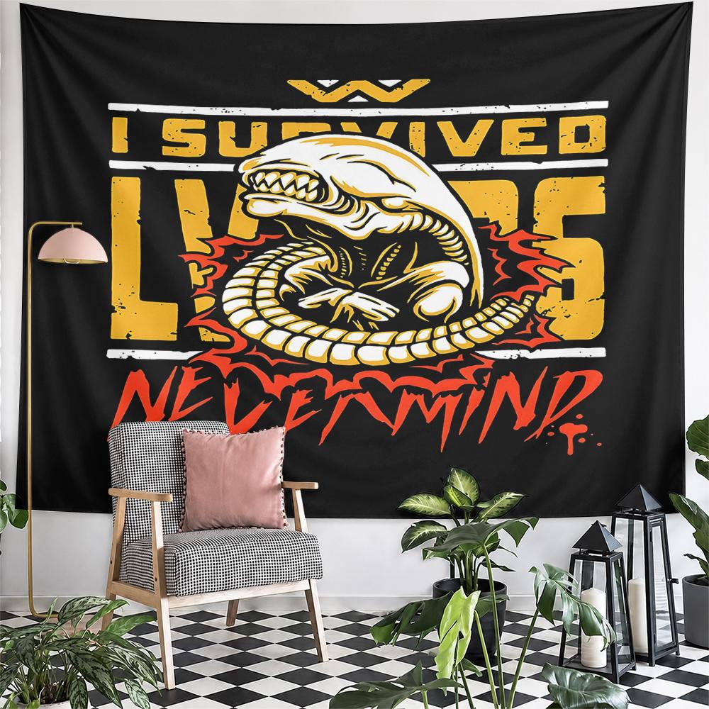 Xenomorph Chestburster I Survived LV 426 Alien Parody Wall Tapestry Yellow Red Horror Sci Fi Decor for Man Cave Gift