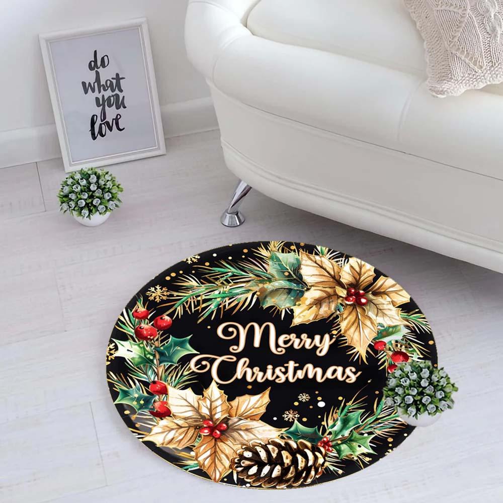 

Festive Merry Christmas Round Rug, Anti-Fouling Indoor Outdoor Polyester Mat for Living Room, Bedroom, Patio Decor Diameter 60cm