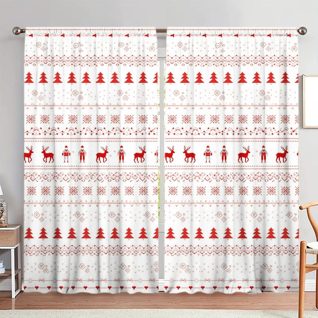 2pcs Christmas Deer Forest Pattern Printed Curtain for Home Decor - Rod Pocket Window Treatment for Bedroom, Office, Kitchen