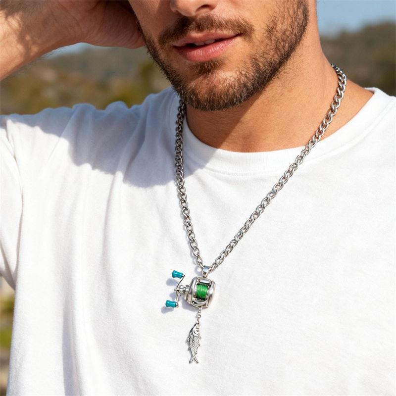 Collana Bobina da Pesca Mini Bobina Rotante Collana Gioielli da Pescatore Ciondolo Punk Catena per Maglione GZW