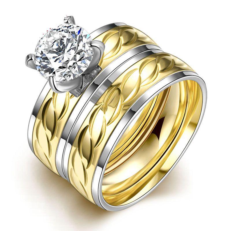 Stylish Gold Titanium Steel Ring For Couples Featuring Hidden Zircon Stone Design
