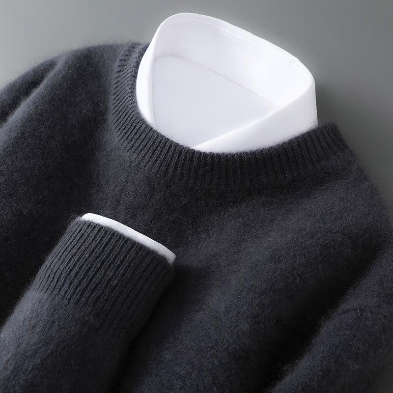 Herren Pullover aus reiner Wolle, schwer, Rundhalsausschnitt, lockere Passform, warm, einfarbig, ideale Basisschicht für Herbst/Winter.