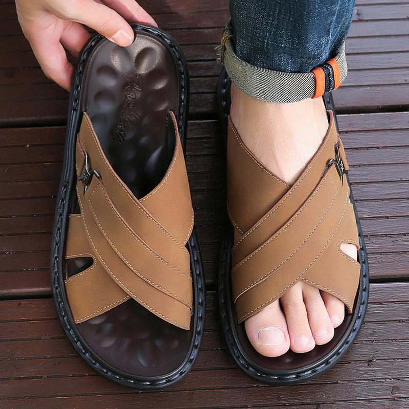 Men Black Leather Slippers Simple Flats Summer Brown Outdoor Roman Sandals Outdoor Beach Shoes Over Sized