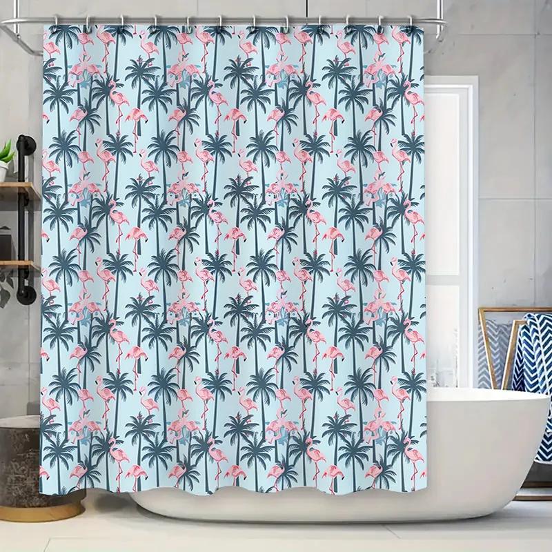 Beautiful Blue Palm Tree Pattern Shower Curtain for Bathroom Decor Pink Flamingo Design Fabric Bath Rug Cover