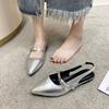 Silver Bag Head Sandals, New Low-heeled Pointed Flat-soled Sandals, Temperament Fashion Shoes