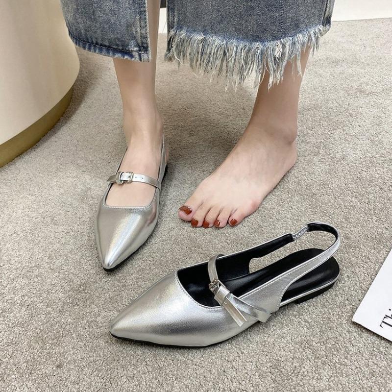 Silver Bag Head Sandals, New Low-heeled Pointed Flat-soled Sandals, Temperament Fashion Shoes