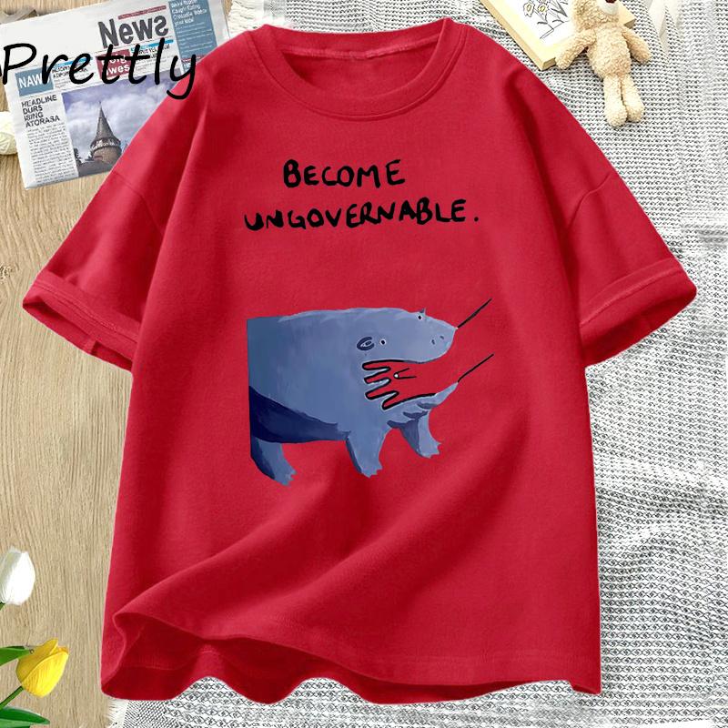 

Become Ungovernable Hippo T-Shirt Moo Deng Design Funny Animal Graphic Tee Rebellious Meme Humor T Shirt Cotton Short Sleeve Top S