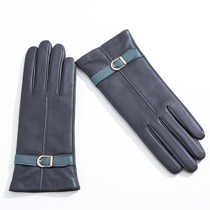 Fashionable Sheepskin Colored Genuine Leather Gloves for Women with Touch Screens  Warm and Fleece Clothing Gloves for Driving In Autumn and Winter