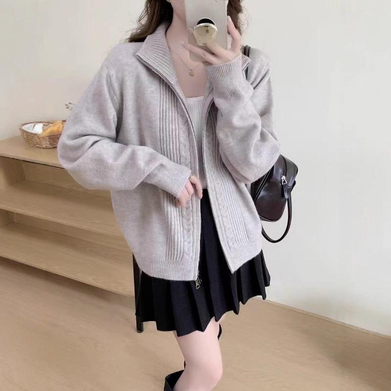 New twist woven stand-up collar double zipper design sense solid color versatile loose cardigan jacket women