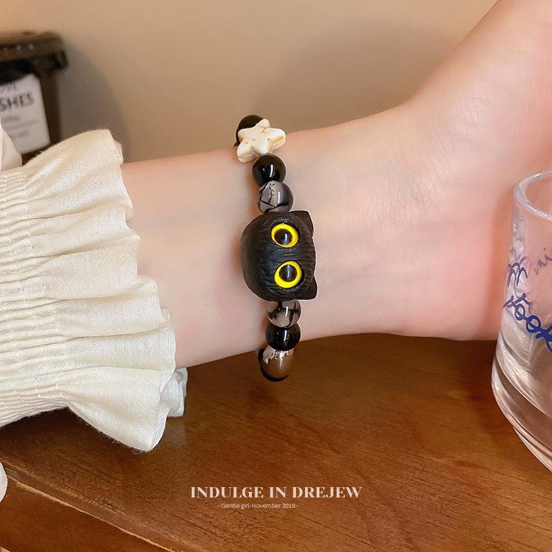 Retro Black Big-Eyed Cat Beaded Bracelet - Simple, Unique, and Versatile Style for Best Friends