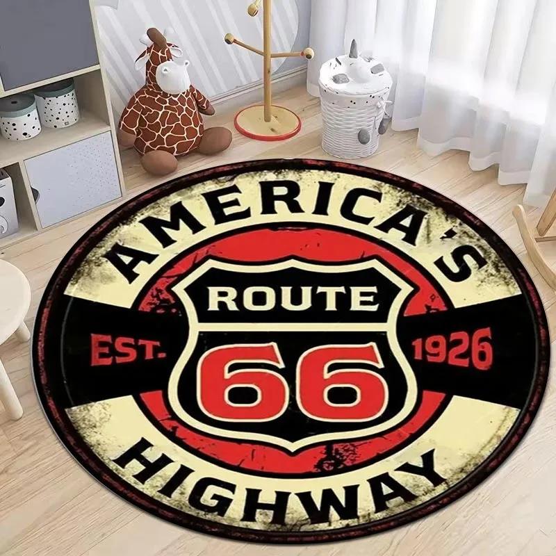 Route 66 Mother Road Print Round Rug Balcony Hallway Rugs Non Slip Washable American Automobile Highway Circle Carpet Crawl Mat