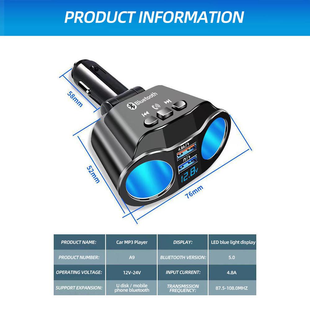 12-24V Car Charger Bluetooth FM Transmitter Dual USB Fast Charging Socket Lighter Splitter Power Adapter with Voltage Display