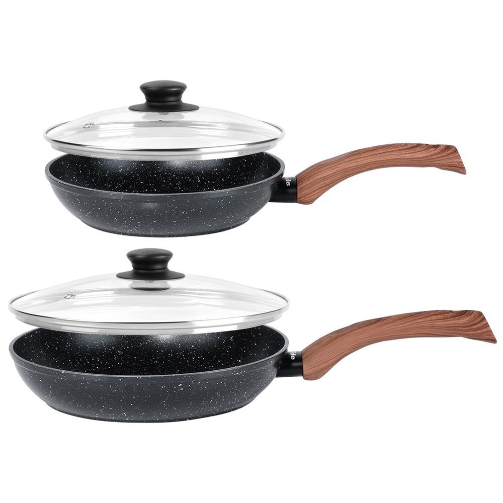 Set Of Granite Frying Pans With Glass Lids Black&Wood 20/24 Cm 2 Pcs.