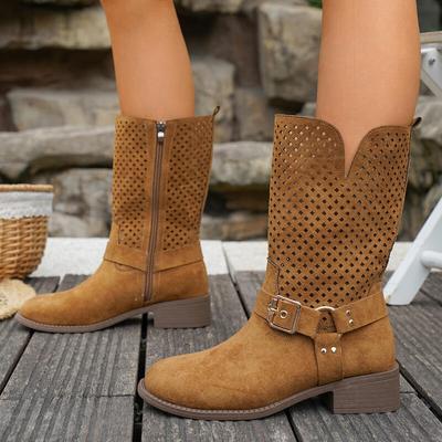 Vintage Metal Belt Buckle Sexy Black Ankle Boots Women 2025 Autumn Bohemia Hollow Out Brown Suede Boots Retro Cowboy Shoes