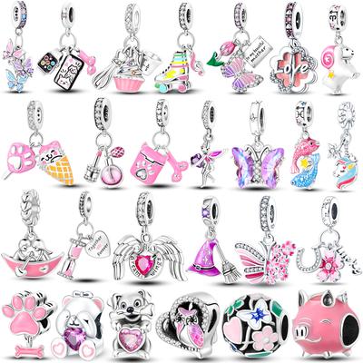 Copper Pink Color Series Charms Beads Lovely Pink Butterfly Dangle Heart Shape Pendant Fit Bangle Bracelet Necklace Jewelry
