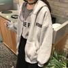 2022 Autumn/Winter Women's Korean Style Letter Print Fleece Zip-Up Hooded Cardigan