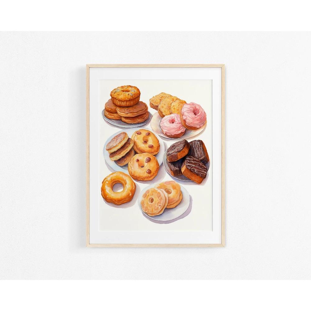 Kekse Aquarell Kekse Kaffee Müsli Brot Französisches Gebäck Poster Druck Wandkunst Bilder Leinwandmalerei Zimmer Heimdekor