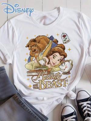 2026 New Beauty and The Beast Princess Beauty Vintage Print Womens TShirt Top Casual Loose Plus Size Short Sleeve