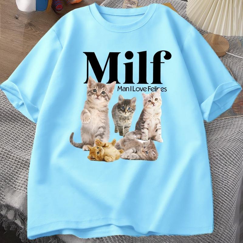MILF Unisex Amo i Felini Cottagecore Gatti Maglietta per Donne Unisex Amante dei Gatti T-shirt Divertente con Cuccioli Stampati Larga Streetwear
