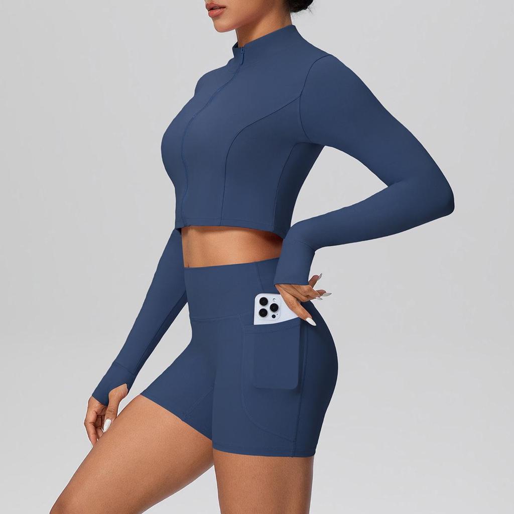 Women's Slim Fit Zip-Up Jacket & High-Waist Butt-Lifting Shorts Yoga Set