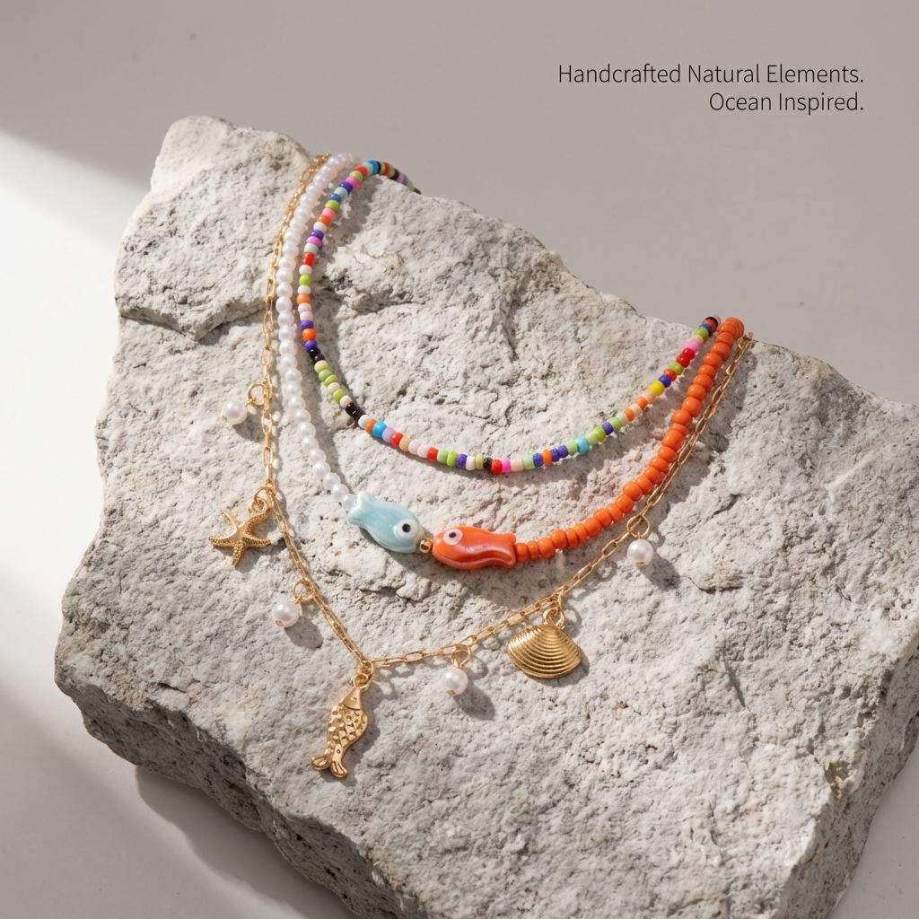 3Pcs/Set Vacation Fish Starfish Shell Seed Bead Necklace Summer Beach Ocean Theme Boho Choker Jewelry For Women