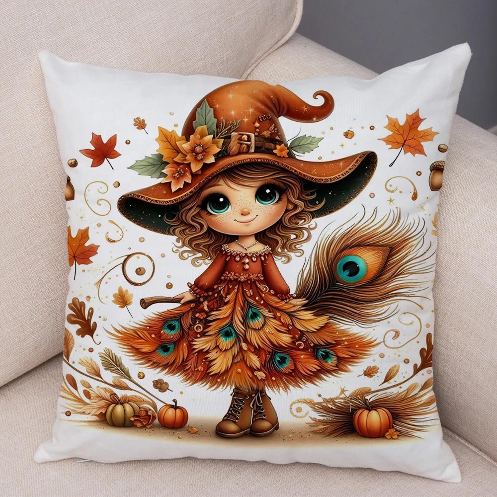 Cartoon Autumn Maple Leaves Girl Cushion Cover Print Cute Children Pillowcase Decor Pillow Case For Sofa Home