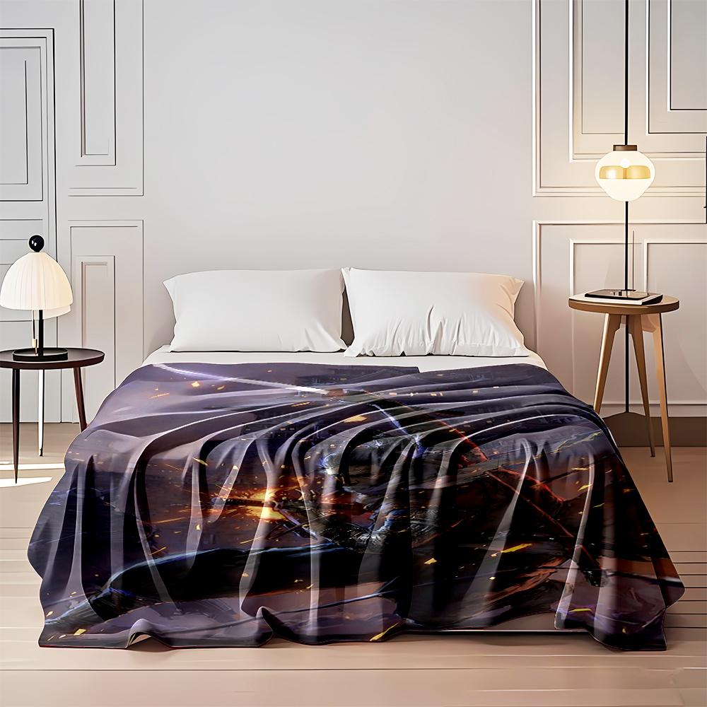 Samurai Warrior Amid Flaming Battlefield Flannel blanket for bedroom, living room, sofa, and nap sofas.