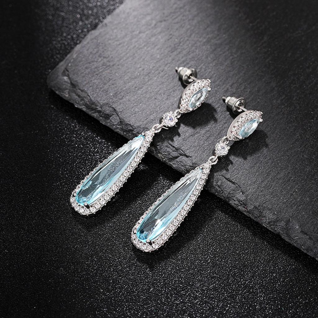 Luxury Blue Teardrop Cubic Zirconia Drop Earrings Silver Plated Long Dangle Earrings for Women Bridal Wedding Party