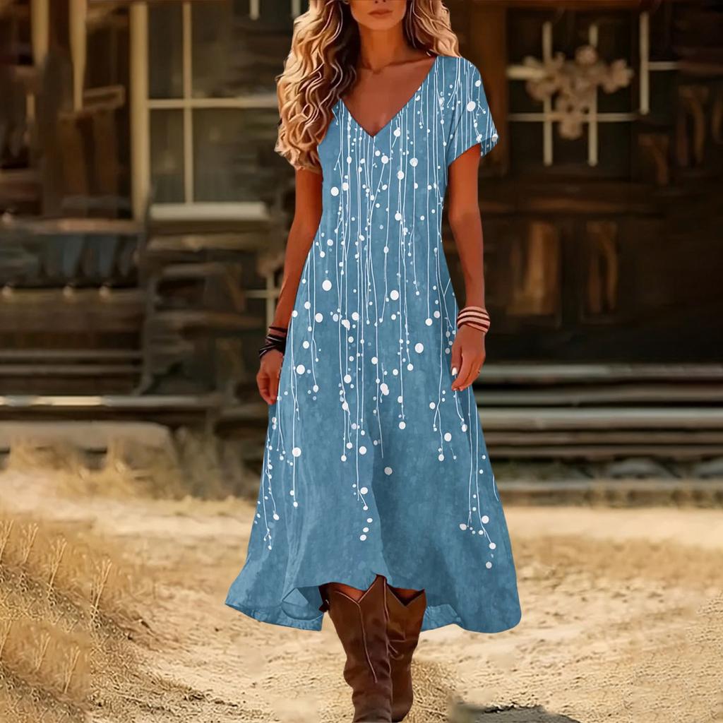 Fashionable Women's Summer V-neck Short Sleeved Retro Floral Print Beach Dress