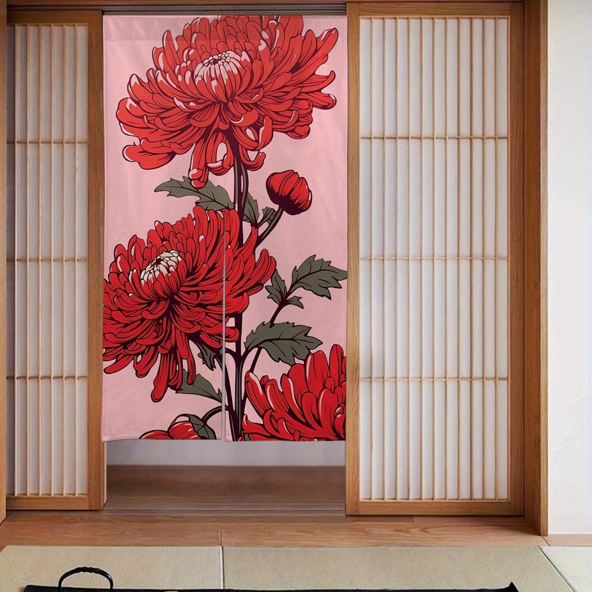 

[2D Door Curtain] 1pc Japanese Style Cherry Blossom & Red Sun Curtain - 34x56 Inch Blackout Doorway Divider, Linen Fabric with V 65x100cm26x39in