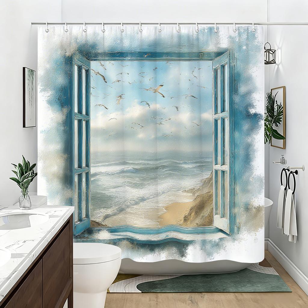 Scenic Ocean View Window Design Polyester Shower Curtain - Nautical Style Bathroom Decor, Stylish Bathtub Partition Curtain