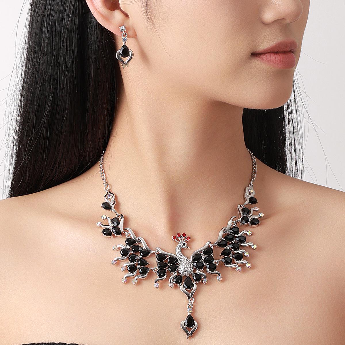 Retro European Peacock Tassel Earrings  Ethnic Gemstone Crystal Jewelry Set