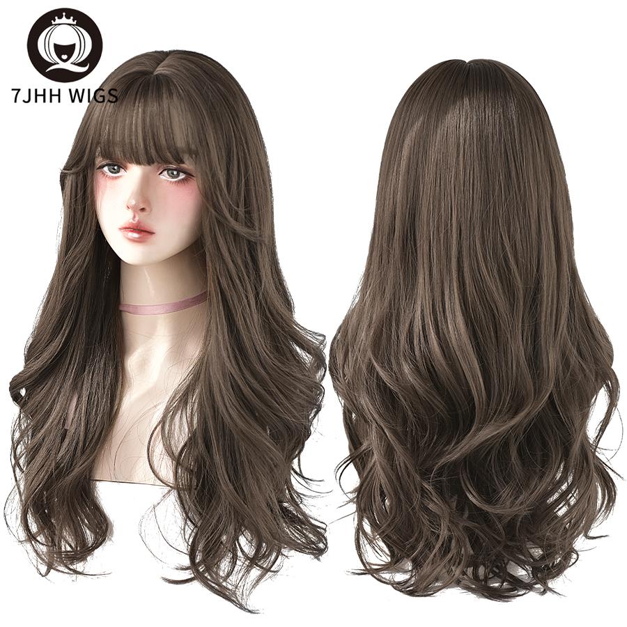 7jhh Wigs Popular Brown Ash Long Deep Wave Hair Lolita Wigs With Bangs Synthetic Wig For Women Fashion Thick Curls Wigs Girl