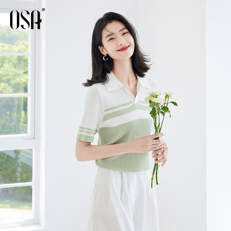 

OSA OSHA Американское Ретро Контрастные Полоски Поло Трикотаж Женский Летний Новинка Шикарный Приталенный Топ с Воротником Поло Light green S