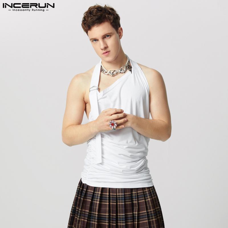 INCERUN Men Halter Irregular Neck Sleeveless Tops Solid Color Ruffled Tanks