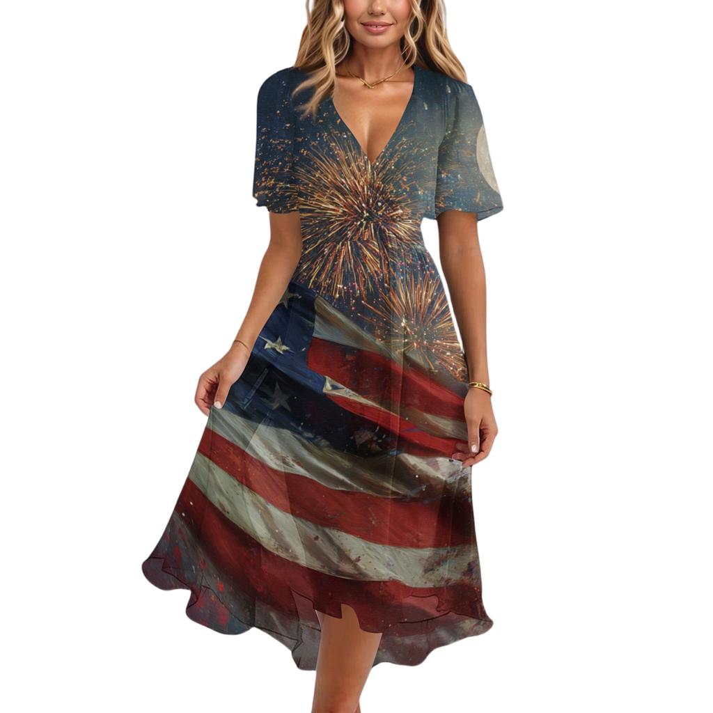 Women's Casual V-Neck Short-Sleeve Independence Day Print Dress
