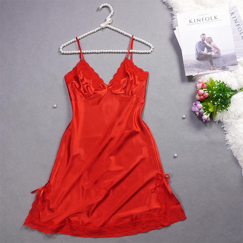 Women's Summer Lace Trim Ice Silk Pajama Set - Cool, Breathable Camisole Nightgown with Short Skirt