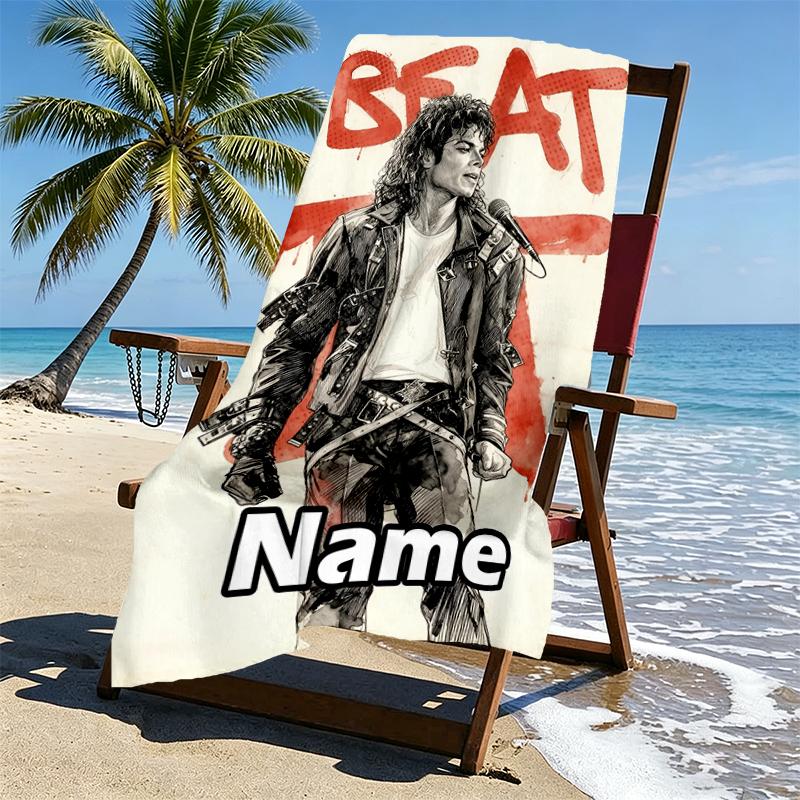 Personalisierbares Strandtuch mit individuellem Namen und Michael Jackson Druck, für Reise Camping Strandparty Heimdeko, Geburtstagsgeschenk für Familie & Freunde