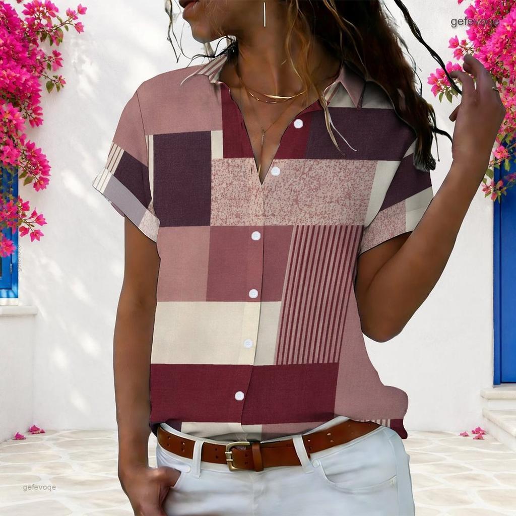 Women Plus Size Collared Neck Short Sleeve Color Block Printed Button Front Shirt