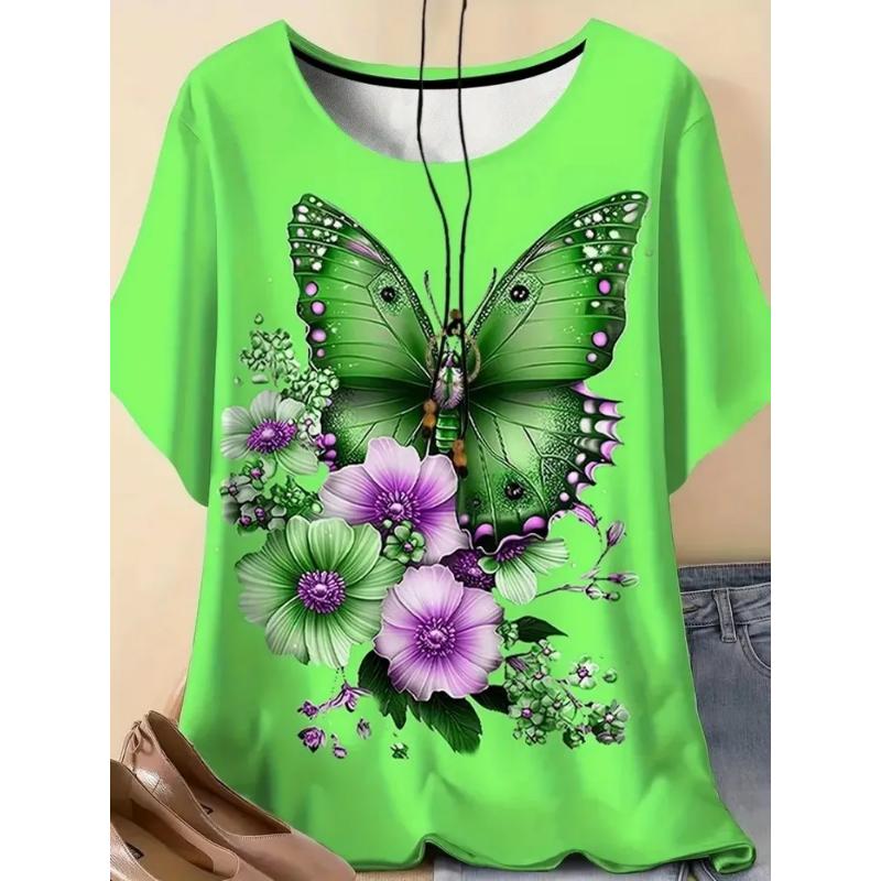 Camiseta de Manga Corta con Cuello Redondo y Estampado de Flores 3D para Mujer