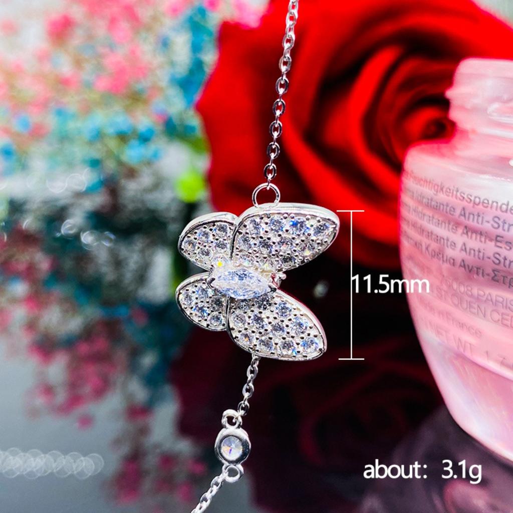 Full Paved Butterfly Pendant with Side Dangle Round Stone Women Thin Cable Chain Clavicle Necklace