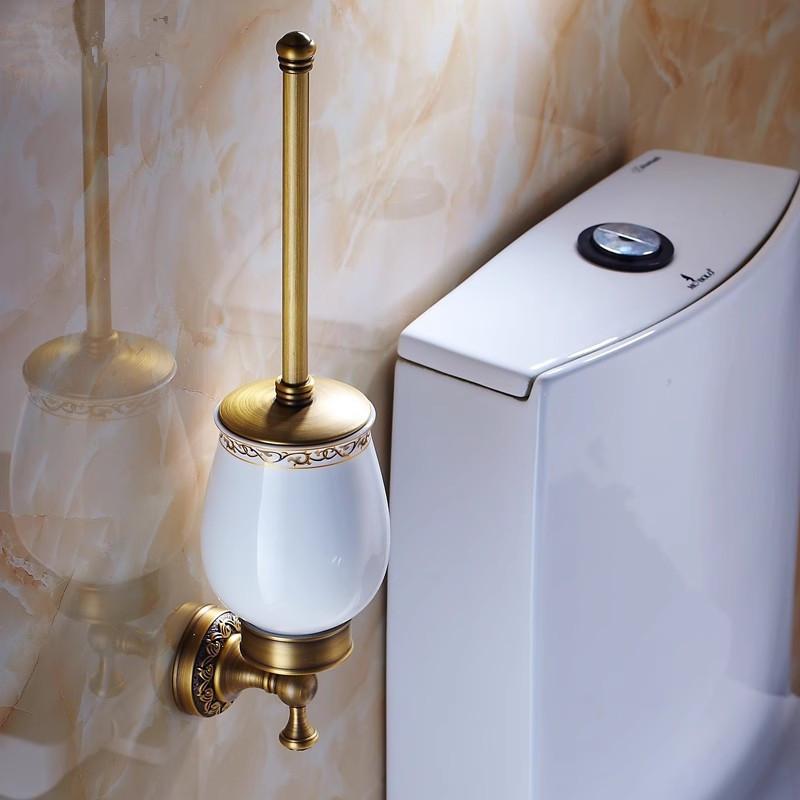 Suporte para escova de vaso sanitário em bronze antigo com escova esculpida em latão para banheiro e conjunto de suporte para escova de limpeza
