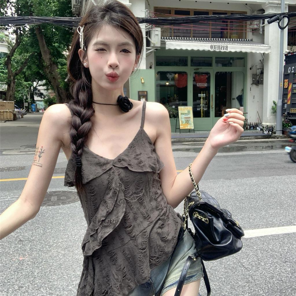 Spice girl retro ruffle edge splicing irregular sling vest women's summer design sense old top
