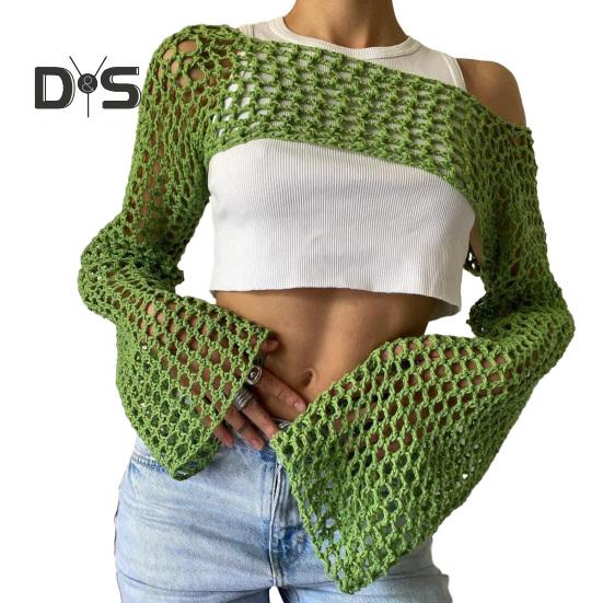 Женский свитер, вязаный крючком, ажурный укороченный топ, стильная удобная блузка, уличная одежда на осень S зелёный