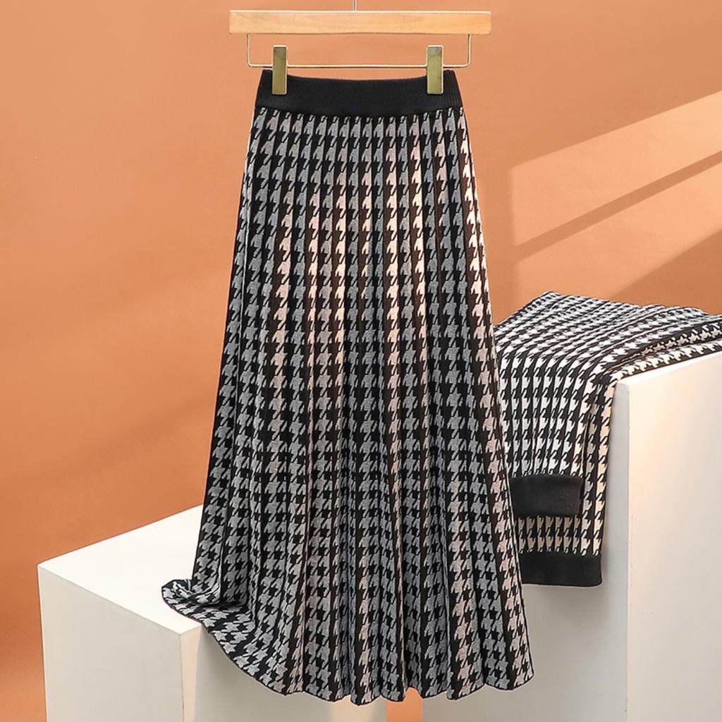 Autumn/Winter Thick Knitted Pleated Skirt for Women High Waist Mid Length Knitted Skirt