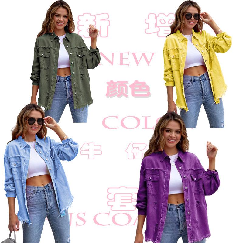 New Long-edged Ripped Denim Jacket Women's Autumn and Winter Long-sleeved Casual Lapel Top